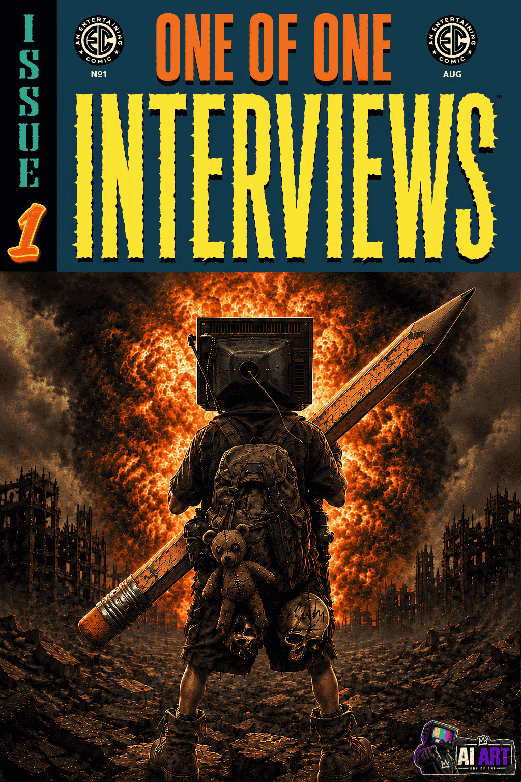 An AI-generated cover in the same composition, with a television-headed figure carrying an oversized pencil and a voodoo doll on the pack.