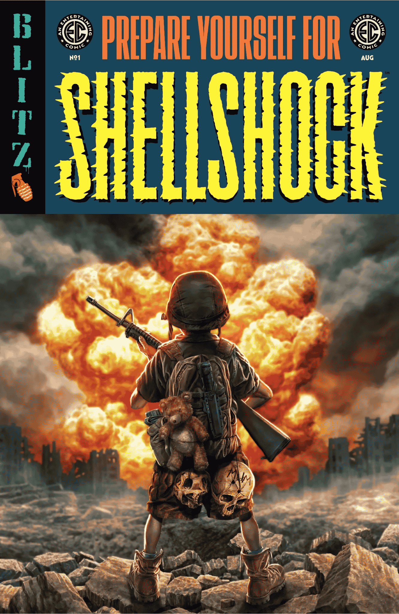Cover of EC Shellshock #1 showing a child in an oversized helmet standing before a large explosion, a teddy bear strapped to his pack.