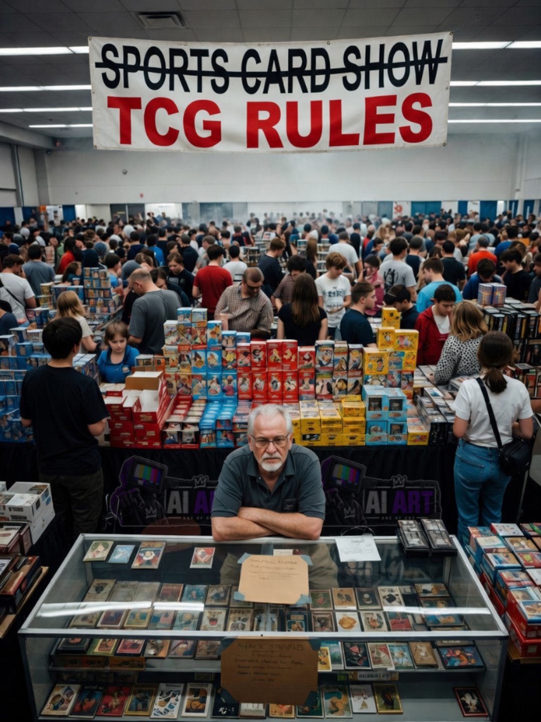 An aerial view of a packed card show floor. A banner overhead reads SPORTS CARD SHOW crossed out and replaced with TCG RULES in red. In the foreground a vintage dealer sits with his arms crossed behind a glass case while the crowd behind him works tables stacked with sealed TCG product.