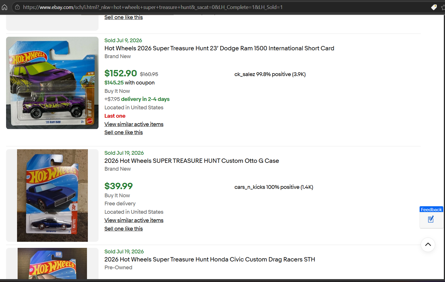 eBay completed and sold listings for 2026 Hot Wheels Super Treasure Hunts, including a Dodge Ram 1500 sold for $152.90